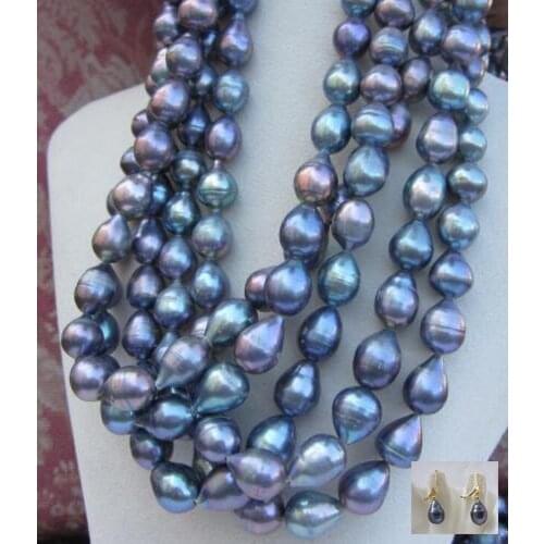 HOT Huge 11-14mm SOUTH SEA black blue baroque pearl necklace earring