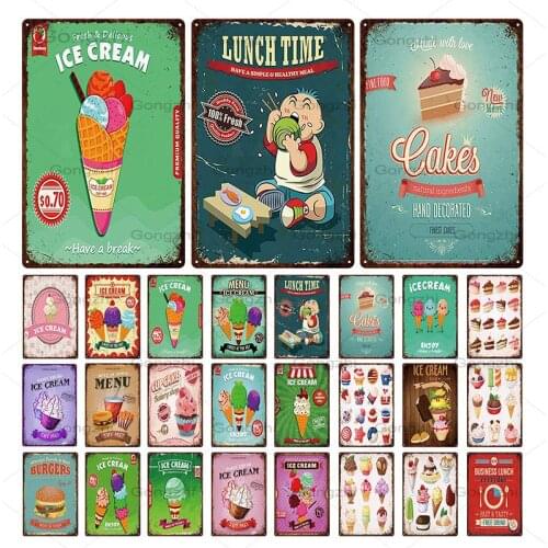 Ice Cream Metal Poster Plaque Cake Metal Vintage Tin Sign Bakery Kitchen Decorative Painting Wall Art Decor Tin Plate 20x30cm