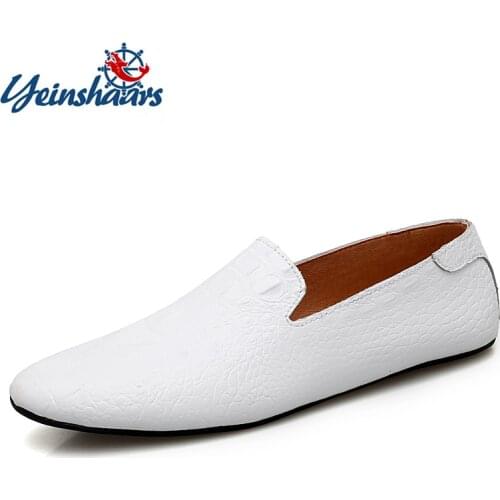 Men Moccasins Driving Shoes Genuine Leather Loafers Slip On Leather Lazy Shoes White Business Loafers Gentlemen Flats Men