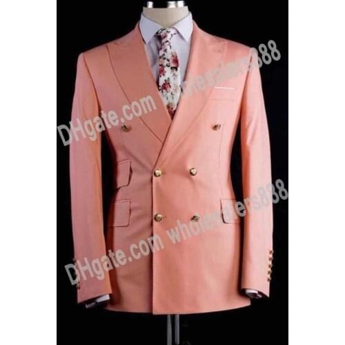 Double Breasted Groomsmen Peach/Lavender Groom Tuxedos Peak Lapel Men Suits Wedding Best Man Blazer ( Jacket+Pants+Tie ) C514