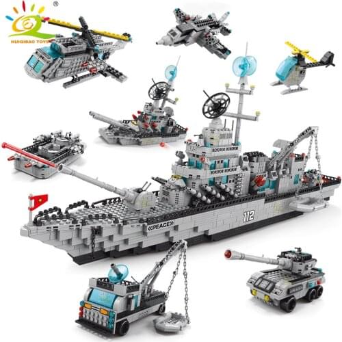 HUIQIBAO TOYS 1560pcs 6in1 Military Warship Building Blocks Set Army Weapon Boat Car Truck Helicopters Bricks For Children Kids