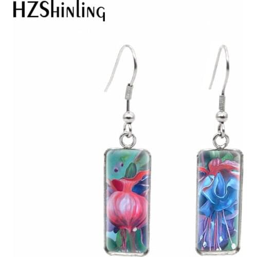 2020 New Fuchsia Flower Earring Hummingbird and fuchsias Rectangular Earring Handmade Hook Earrings Glass Cabochon Jewelry