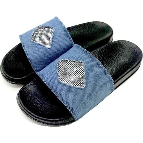 New Arrival Denim Slippers Womens Cool Summer Rhinestone Slides Bling Diamond Sandals Wholesale Female Casual Flat PVC Slippers
