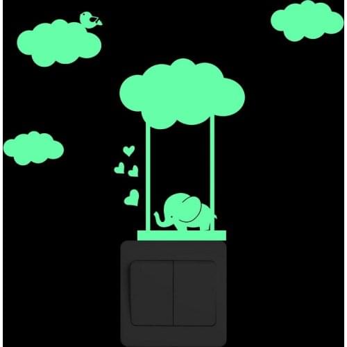 Clouds and Cute Elephant on the Swing Glowing Wall Sticker Kid Room Bedroom DIY Decoration Cartoon Luminous Switch Sticker Decal