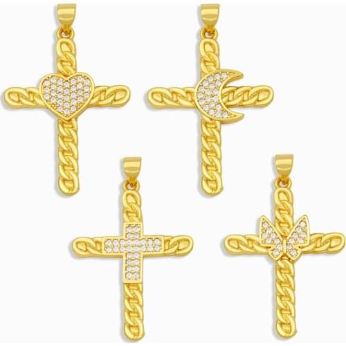OCESRIO Gold CZ Big Heart Moon Cross Pendant Necklace Charms for Jewelry Making Wholesale Spiritual Jewelry Supply Bulk pdta188