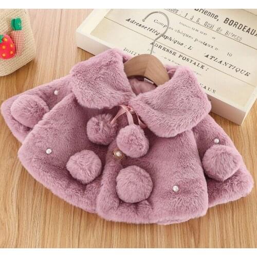 Lovely Little Girls Winter Clothes Solid-Color Wide Lapel Long Batwing Sleeve Fur Coat with Pompon Pearl Decoration 0-4Years