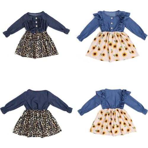 Kaiya Angel Boutique Girls Dress Princess Long Sleeve Denim Dress Sun Flower Printed Dress Girls Casual Spring Fall Ruffle Dress