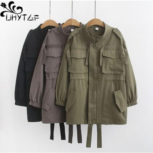UHYTGF Casual Plus size Windbreaker womens clothing fashion Tooling pockets mid-length Spring autumn trench coat for women 1505