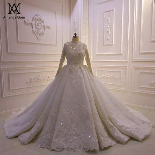 Nikah elbisesi Luxury Custom Made Lace Applique Long Sleeve Ball Gown Muslim Wedding Dress 2020