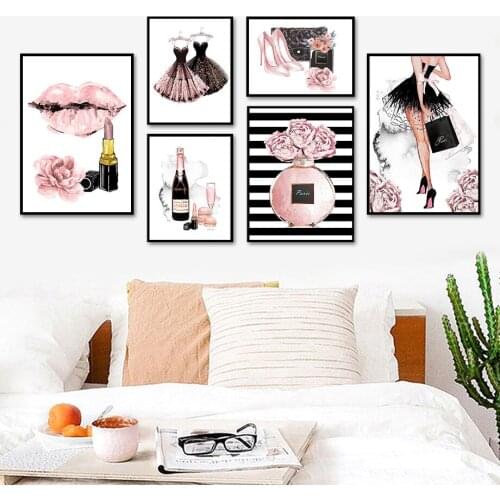 Pink Fashion Girl Perfume Lipstick Dress Wall Art Canvas Painting Nordic Posters And Prints Wall Pictures For Living Room Decor