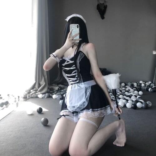 Sexy Woman Maid Cosplay Costumes Cute Black Dress And Thong Sexy Anime School Girl Gothic Outfit With Hat and Glove