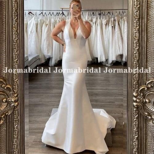 Chic Satin Mermaid Wedding Dress Sexy V-Neck Robe De Mariee Bride Gowns Summer Beach Sleeveless Marriage Dresses Vestido Novia