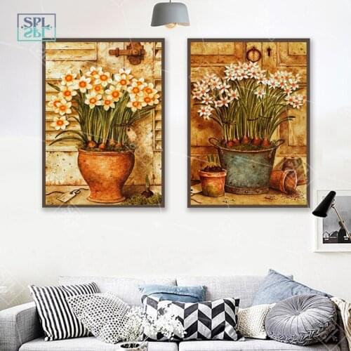 Nordic Flower Canvas Oil Painting Vintage Style Kids Home Decoration Daffodil Plants Posters and Prints Modern Wall Art Picture