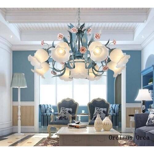 Mediterranean blue rose chandelier living room dining room bedroom Korean garden LED Flower Chandelier