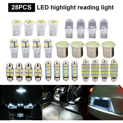 28pcs Universal T10 Car LED Light Bulb White Car Interior License Plate Festoon Map Reading Light Mixed Lamp Set 12V Auto White