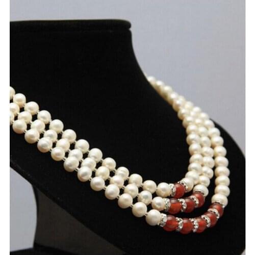 3 rows 7-8mm white akoya pearl + 8mm red green yellow black agate necklace