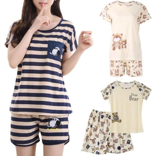 Women Cartoon Pajamas Short Sleeve Cotton Pyjamas Set Home Nightwear Sleepsuit
