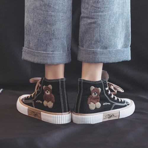 Little Bear High-top Womens Canvas Shoes Plus Velvet Shallow Women Casual Shoes Rubber Lace Up Female Flat Shoes