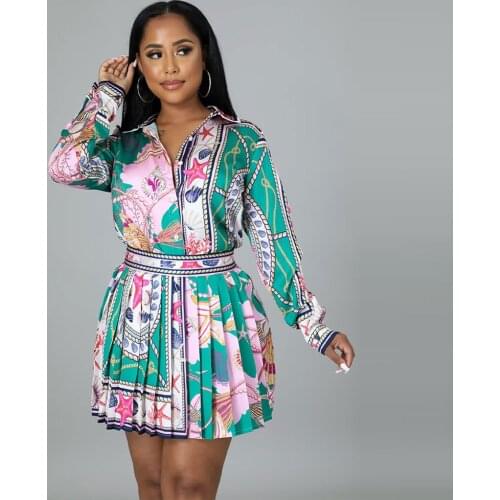 Preppy Styie Two Piece Skirt Sets Women Elegant Turn-down Collar Long Sleeve Blouse and Pleated Mini Skirt Print Club Outfits
