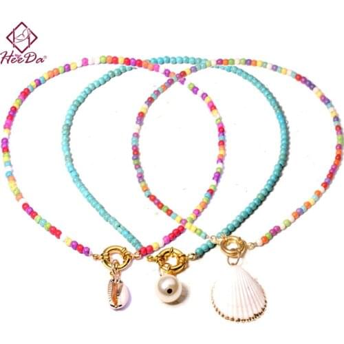 Women Beach Style Chokers 2020 Summer Bohemian Fashion Seed Beads Shell Short Necklace Kpop Lady Graceful Clavicle Chain