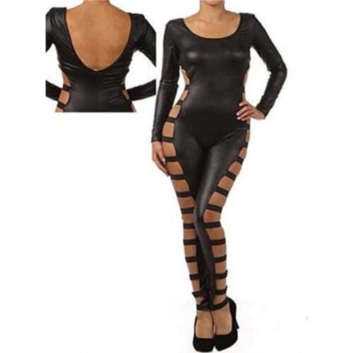 Plus Size New Fashion Women Sexy Hollow Out Black Faux Leather Bodysuit Latex Costume Clubwear For Adults