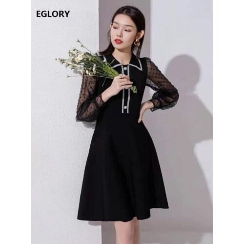 High Quality Long Sweater Dress 2021 Spring Summer Ladies Turn-down Collar Sexy Tulle Mesh Sleeve Casual Black Knitted Dress