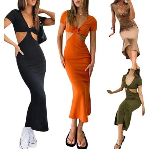 Women Close-fitting Sexy Long Dress, Solid Color Deep V-neck Short Sleeve , Black/ Coffee/ Orange