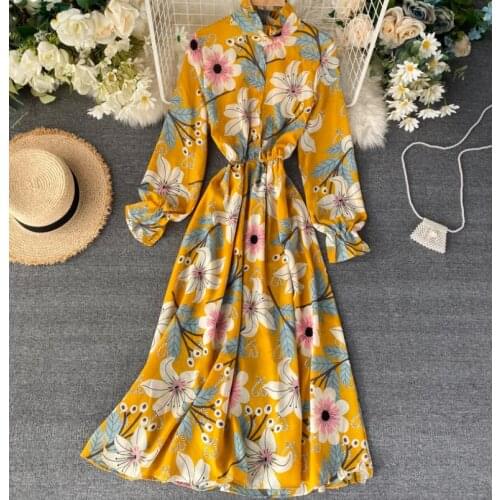Spring summer womens runway fashion long sleeve vintage dress female fashion flower print chic slim medium long dress TB105