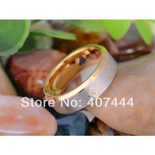 Free Shipping USA UK Canada Russia Brazil Hot Sales 8MM new Golden Beveled Freemason Masonic Mens Tungsten Carbide Wedding Ring