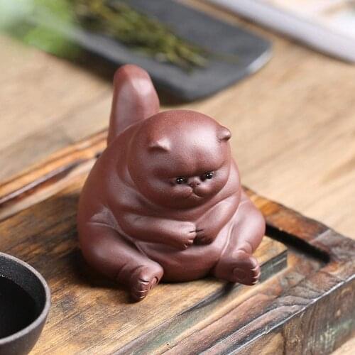 Purple Clay Tea Pet Samll Angry Cat Figurines Cute Kung Fu Tea Crafts for Tea Room/Home/Car Decoration Ideal Ornaments Gift