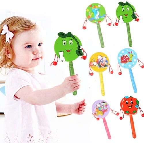 Cartoon Animal Wooden Handheld Musical Education Rattle Drum Shaker Baby Toy