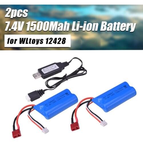 Hot Sale 2pcs 7.4V 1500Mah Li-ion Battery T plug/USB Charger for WLtoys 12428 2.4G 1:12 High Speed RC Car