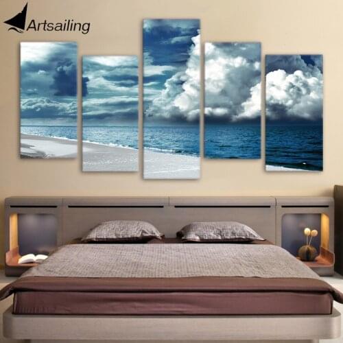 ArtSailing 5 Painting Blue Sky and Cloud Canvas Painting Canvas Seascape and Beach Sea Waves Canvas Painting for Living Room