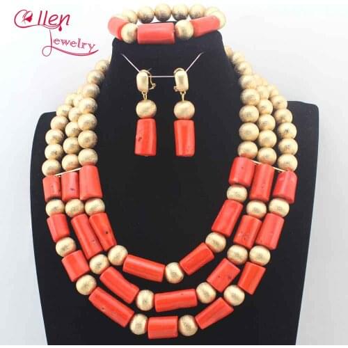 Natural Orange Coral Beads Necklaces Set Nigerian Wedding african beads jewelry sets Dubai Bridal Statement Necklace Set N0810