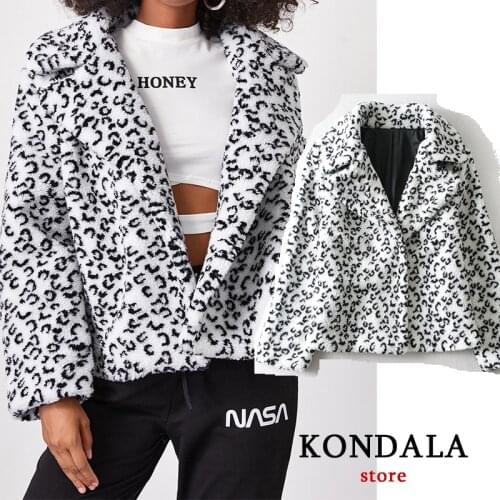 KONDALA Women White Jacket Za Fashion 2021 Streetwear Lamb Hair Leopard Print Coat Short Outwear Chic Mujer Tops