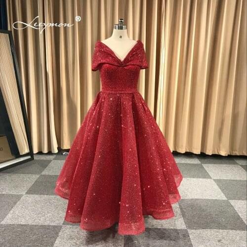 Leeymon Elegant Ankle Length Prom Dress 2020 Cap Sleeves Ball Gown Glitter Bronzing Fabrics Evening Party Dress