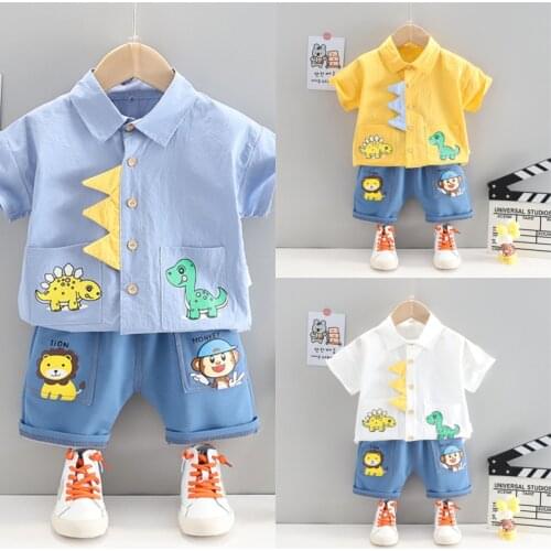 Baby Boy Summer Outfits Childrens Cartoon Animals Print Shirts And Denim Shorts 2pcs Suits Short Sleeve Kids Baby Tracksuits