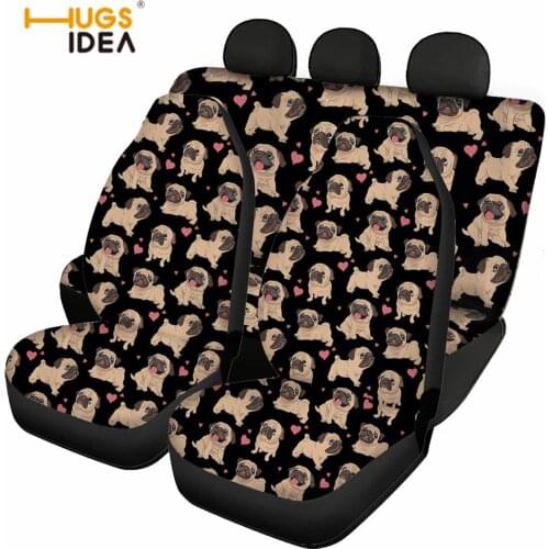 HUGSIDEA Cute Pug Design Slip-Resistant Car Seat Covers Pet Puppy Full Set Car Interior Decor Front and Back Car Seat Protector