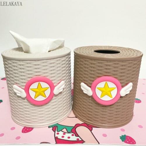 New Anime Vintage Table Tissue Box CardCaptor Sakura Napkin Toilet Roll Paper Holder Cute Cartoon Rattan Style Round Storage Box