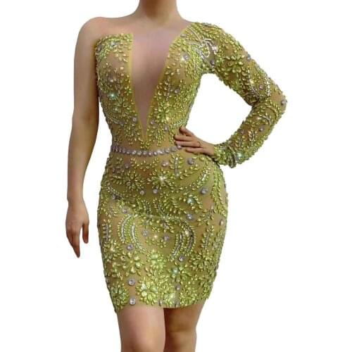 New Fashion One Shoulder Deep V Neck See Through Sparkly Rhinestones Short Prom Dresses Birthday Outfits Sexy Party Dress