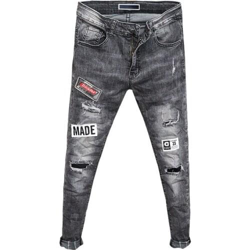 Spring and summer 2020 new style fashion embroidery patch hole trend mens jeans Korean style pants slim-fit grey pencil pants