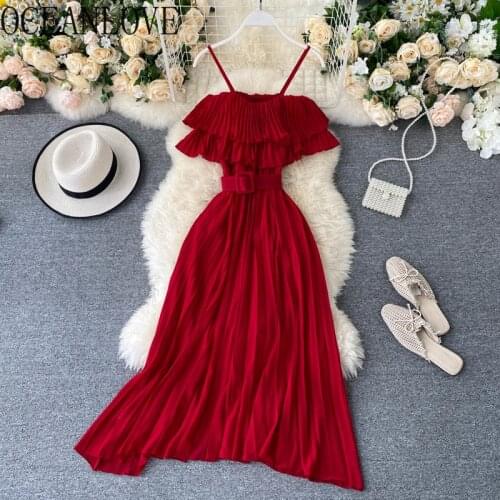 OCEANLOVE Woman Dress Pleated 2021 Solid Vintage Ruffles Sleeveless Sexy Femme Robes Korean Belt Sweet Vestidos A-line