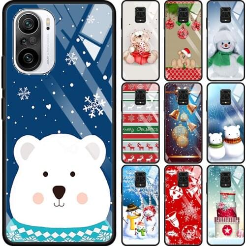 Transparent Glass Case For Redmi Note 9S 9 8 Pro 8T 7 9C 9S 6A 10 K40 K30 9T 8A Bumper cute Merry Christmas snowman