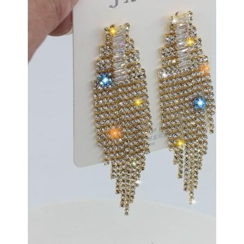 Long Tassel Geometric Drop Earrings for Women 2021 Bijoux Shiny Full Rhinestone Crystal Dangle Earring Statement Jewelry