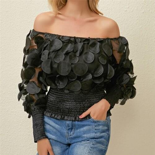 Sexy Off Shoulder Womens Tops And Blouses 2021 Mesh Sheer Puff Sleeve Tops Summer 3D Flower Vintage Solid Women Shirt Blouse