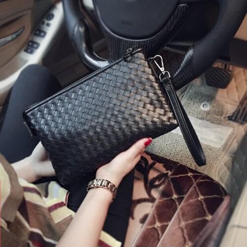 HOT Men woven bag Business Casual Bag for Male Black Soft PU Leather Fashion Brand Men Clutches Envelope Bag