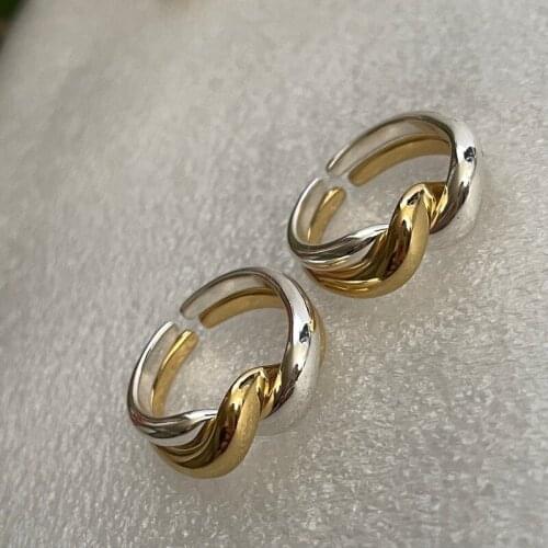 Three dimensional bending and winding opening ring color preserving personalized simple design gold silver two-color finger ring