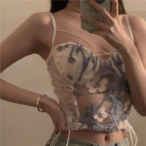 Y2k Summer Lolita Vest Soft Girl Japanese Sleeveless Lace Embroidery Bandage Sling T Shirt Vintage Sweet Short Mesh Tank Tops