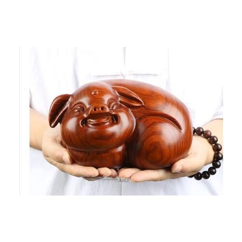 Yellow flower pear wood carving fortune happy pig zodiac pig household wood decoration statue factory direct selling