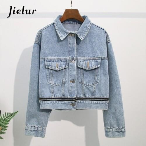 Jielur 2020 Autumn New Denim Jacket Women Korean Version Loose Button Zippers Pockets Short Coat Wild Casual Female Jacket Top